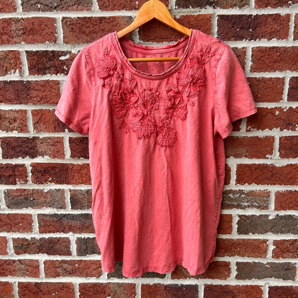 Coldwater Creek Coral Pink Floral Applique Embroidered T-Shirt Size M